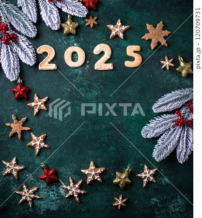 Festive New Year cookies in shape of 2025 Festive New Year cookies in shape of 2025 120709731