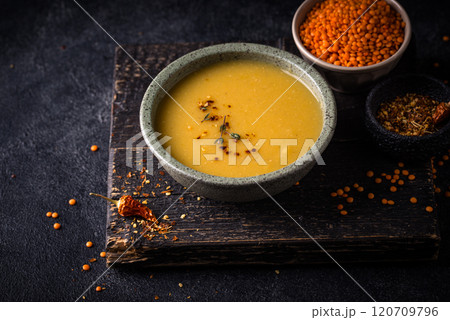 Healthy vegan lentil cream soup 120709796
