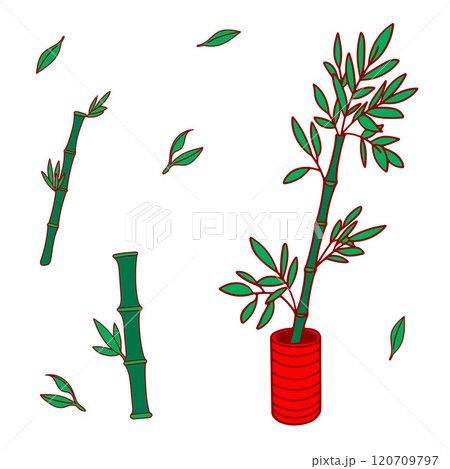 Bamboo Icon Set. Various bamboo elements, sprouts and leaves. Simple flat color designs. 120709797