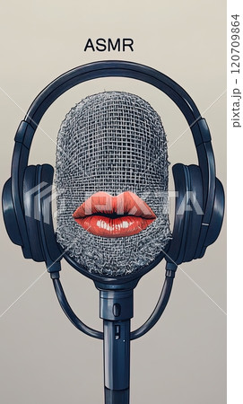 A surreal ASMR-themed illustration featuring a microphone with red lips and headphones on a minimalist background. Generated AI. 120709864