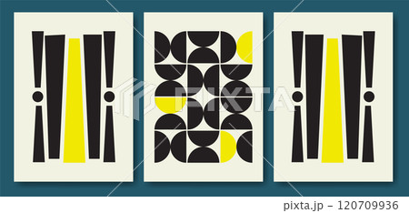 Mid century minimalist illustration set. Simple geometric black yellow shape posters 120709936