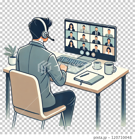 Illustration of an office worker holding a web conference while working from home 120710048