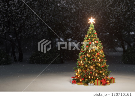 Decorated Christmas tree with gifts under it, outdoors in the evening under the snow. 3d render Decorated Christmas tree with gifts under it, outdoors in the evening under the snow. 3d render 120710161