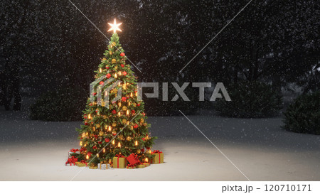 Decorated Christmas tree with gifts under it, outdoors in the evening under the snow. 3d render 120710171