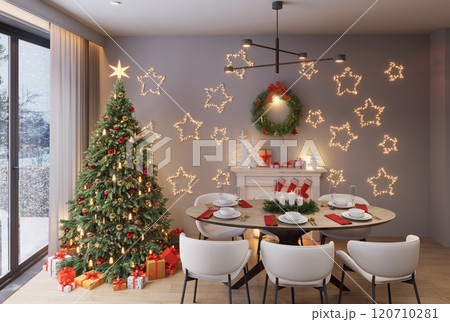Christmas tree in a modern studio apartment interior. It's winter outside and it's snowing. 3D render.	 120710281