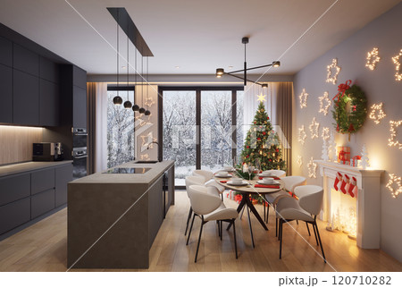 Christmas tree in a modern studio apartment interior. It's winter outside and it's snowing. 3D render.	 120710282