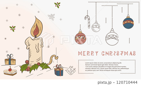 Christmas colored contour illustration in the style of childrens doodles with the text of Lorem Ipsum a Christmas candle and a number of gifts 120710444