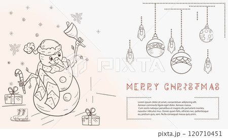 Christmas contour illustration in the style of childrens doodles with the text Lorem Ipsum The Snowman rings the Christmas bell Christmas contour illustration in the style of childrens doodles with the text Lorem Ipsum The Snowman rings the Christmas bell 120710451