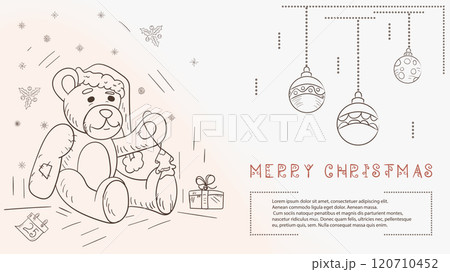 Christmas contour illustration in the style of childrens doodles with the text of Lorem Ipsum a bear toy in a Santa hat 120710452