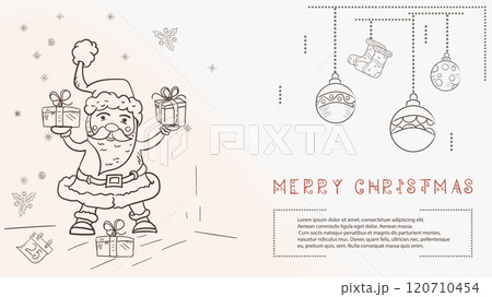 Christmas contour illustration in the style of childrens doodles with the text of Lorem Ipsum Santa Claus Holding boxes with gifts 120710454