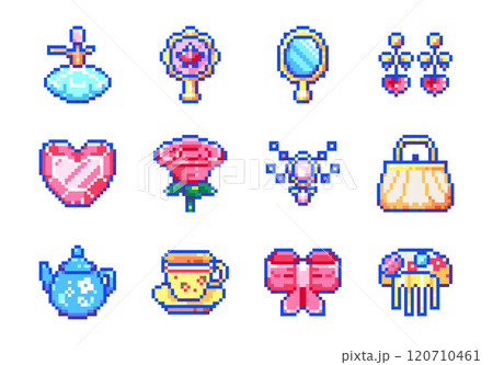 Pixel Art Princess Icon Set. 8 bit Cute Decorative Stickers - Heart, Rose, Mirror, Bow, Jewelry, Teapot, Perfume, Cup, Accessories, Retro Gaming Style 120710461