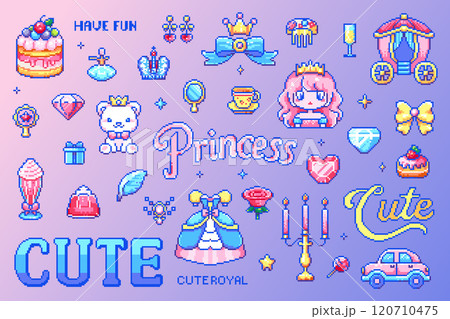 Pixel Art Cute Princess Royal Pack. 8-bit Stickers with Princess, Crown, Carriage, Dress, Cake, Diamond, Tea Set, Rose, Accessories, Retro Gaming Style Pixel Art Cute Princess Royal Pack. 8-bit Stickers with Princess, Crown, Carriage, Dress, Cake, Diamond, Tea Set, Rose, Accessories, Retro Gaming Style 120710475