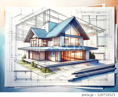 住宅の設計図の上に浮かび上がる完成模型のイメージ素材 住宅の設計図の上に浮かび上がる完成模型のイメージ素材 120710523