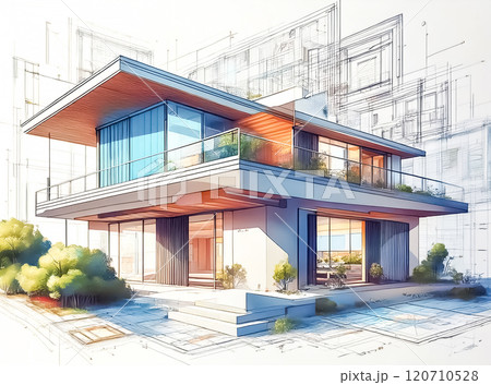 住宅の設計図の上に浮かび上がる完成模型のイメージ素材 住宅の設計図の上に浮かび上がる完成模型のイメージ素材 120710528