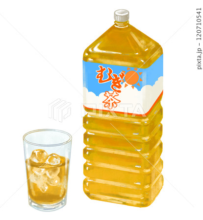 ペットボトルとグラスに入った麦茶のイラスト ペットボトルとグラスに入った麦茶のイラスト 120710541