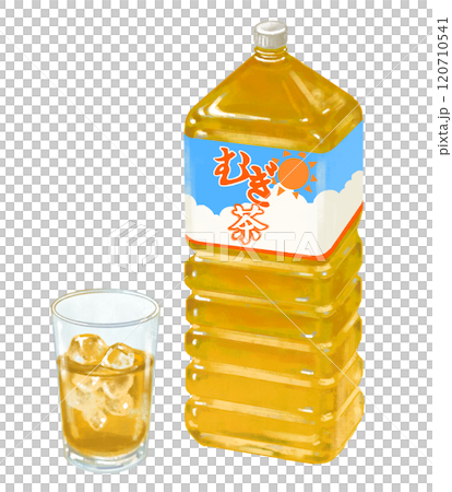 ペットボトルとグラスに入った麦茶のイラスト ペットボトルとグラスに入った麦茶のイラスト 120710541