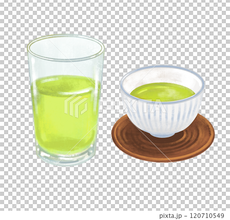 Illustration of green tea in a glass and teacup Illustration of green tea in a glass and teacup 120710549