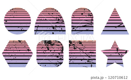 Set of retro sunsets in the style of the 80s and 90s. Retro Sunset Retrowave Backgrounds Art Bundle. Horizontal Sunsets with Grunge Textures. 120710612