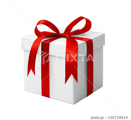 White gift box with red bow on a white background White gift box with red bow on a white background 120710614
