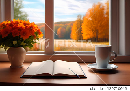 Autumn still life in orange colors. Notebook and coffee by window in fall 120710646