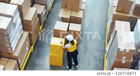 Warehouse worker working checking package products in warehouse, logistic. While staff used laser barcode scanner on cardboard box, distribution center, placement in storage for shipping. 120710671