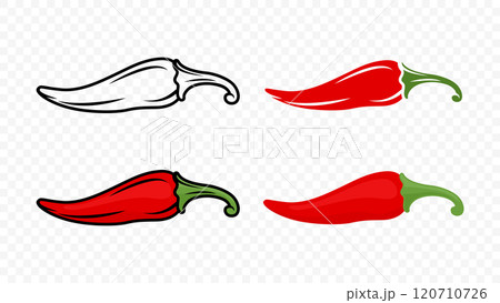 Cartoon Red Hot Chili Pepper Icon Set Closeup, Isolated. Hand Drawn Spicy Chili Pepper, Vector Illustration 120710726