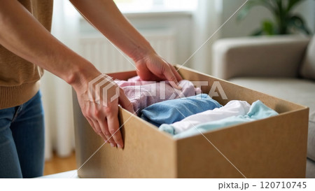 A woman unpacking clothes from a cardboard box in a bright room with white radiator, sofa and green plant, close-up view 120710745