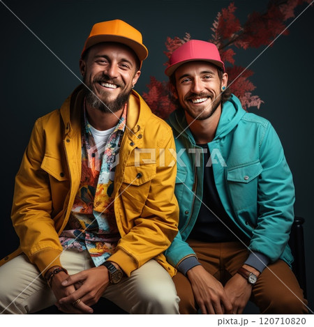 Two men wearing vibrant jackets and hats are sitting next to each other in front of a wall. 120710820
