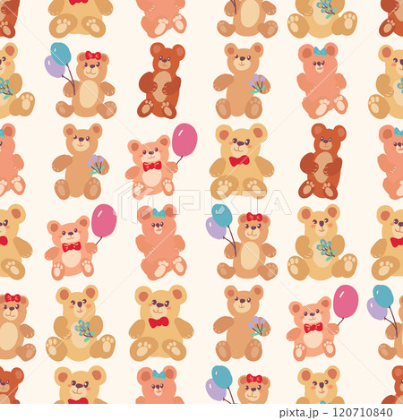Brown and white teddy bears holding balloons in a seamless pattern 120710840