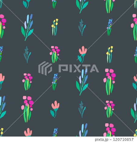 Seamless pattern of colorful flowers and leaves on a dark background. Floral textile print. Vector wildflowers Seamless pattern of colorful flowers and leaves on a dark background. Floral textile print. Vector wildflowers 120710857