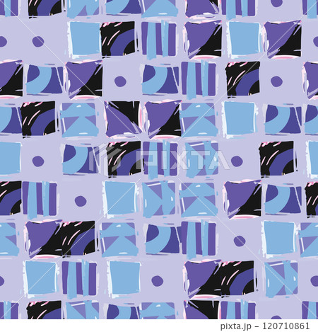 Abstract hand drawn background. The geometric pattern features shapes and shades in blue and purple, forming a vibrant visual composition. Sketchy squares and triangles 120710861