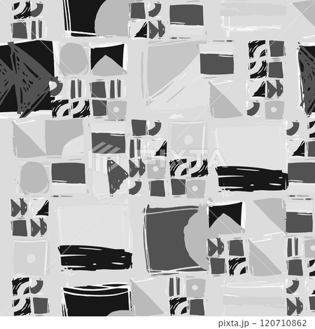 Abstract geometric pattern with squares and sharp angles in grayscale tones, showing artistic design composition. Monochrome grey hand drawn background 120710862