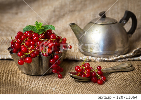juicy currant berries on burlap near an old teapot 120711064
