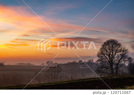 sunset in the field. beautiful autumn foggy landscape in Ukraine 120711087