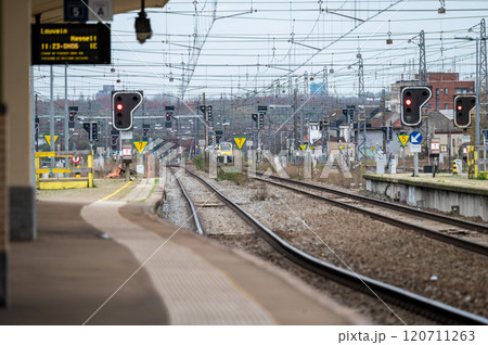 Platform and empty railway tracks at the Brussels North station, Belgium Platform and empty railway tracks at the Brussels North station, Belgium 120711263