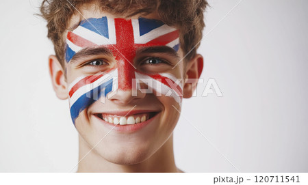 Patriotic portrait: young man with british flag face paint for national celebration 120711541