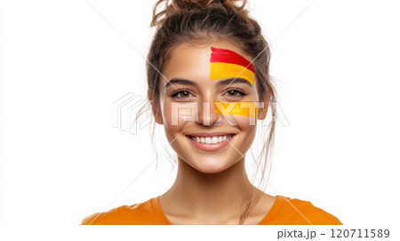 Young woman expressing patriotism with spanish flag painted on her face Young woman expressing patriotism with spanish flag painted on her face 120711589