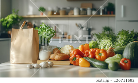Fresh grocery delivery unpacked in modern kitchen for healthy living and cooking inspiration Fresh grocery delivery unpacked in modern kitchen for healthy living and cooking inspiration 120711692