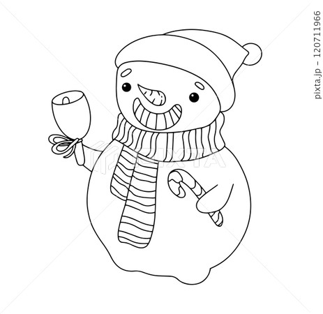 Vector drawing cute snowman character. Coloring book in doodle style for christmas, new year 120711966