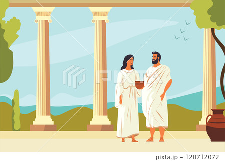 Two ancient Greek people standing and talking in athens garden. Background with columns and arches. Vector illustration Two ancient Greek people standing and talking in athens garden. Background with columns and arches. Vector illustration 120712072