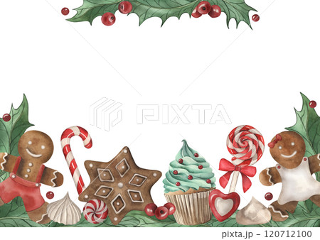 A template for a greeting card with Christmas sweets in a vintage style. An illustration with gingerbread, cupcakes, candies, lollipops, holly, meringue, hand-painted in watercolor. A template for a greeting card with Christmas sweets in a vintage style. An illustration with gingerbread, cupcakes, candies, lollipops, holly, meringue, hand-painted in watercolor. 120712100