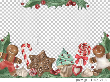 A template for a greeting card with Christmas sweets in a vintage style. An illustration with gingerbread, cupcakes, candies, lollipops, holly, meringue, hand-painted in watercolor. A template for a greeting card with Christmas sweets in a vintage style. An illustration with gingerbread, cupcakes, candies, lollipops, holly, meringue, hand-painted in watercolor. 120712100