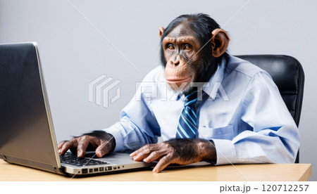 humorous illustration of a chimpanzee monkey in office worker clothes working in a messy environment with piles of documents 120712257