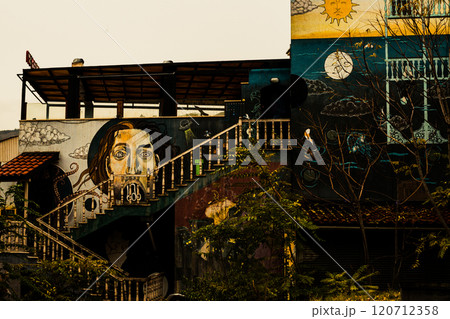 Autumn hues embracing vibrant street art in Tbilisi, Georgias captivating urban landscape 120712358
