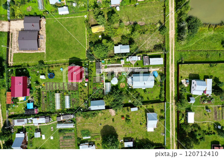 Aerial view of a vibrant rural community with gardens and homes nestled in green landscapes Aerial view of a vibrant rural community with gardens and homes nestled in green landscapes 120712410