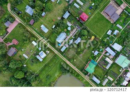 Vibrant community gardens set amidst lush greenery captured from above during a sunny afternoon Vibrant community gardens set amidst lush greenery captured from above during a sunny afternoon 120712417