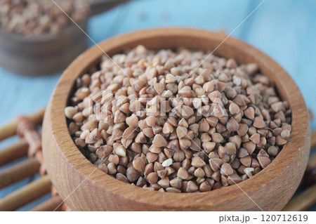Close-Up of Raw Buckwheat Groats in a Wooden Bowl 120712619