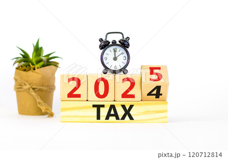 Planning 2025 tax new year symbol. Concept words 2024 Tax to 2025 Tax on beautiful wooden blocks. Alarm clock. Beautiful white background. Business 2025 tax new year concept. Copy space. 120712814