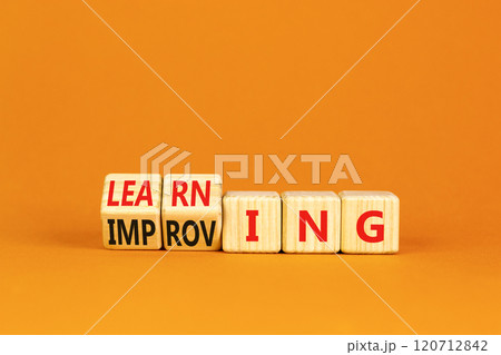 Doing or learning symbol. Turned wooden cubes and changed the word Doing to Learning . Beautiful orange table orange background. Educational business doing or learning concept. Copy space. Doing or learning symbol. Turned wooden cubes and changed the word Doing to Learning . Beautiful orange table orange background. Educational business doing or learning concept. Copy space. 120712842