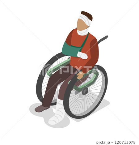 3D Isometric Flat  Illustration of Sick Man With Injuries, Injured Person in Wheelchair 120713079